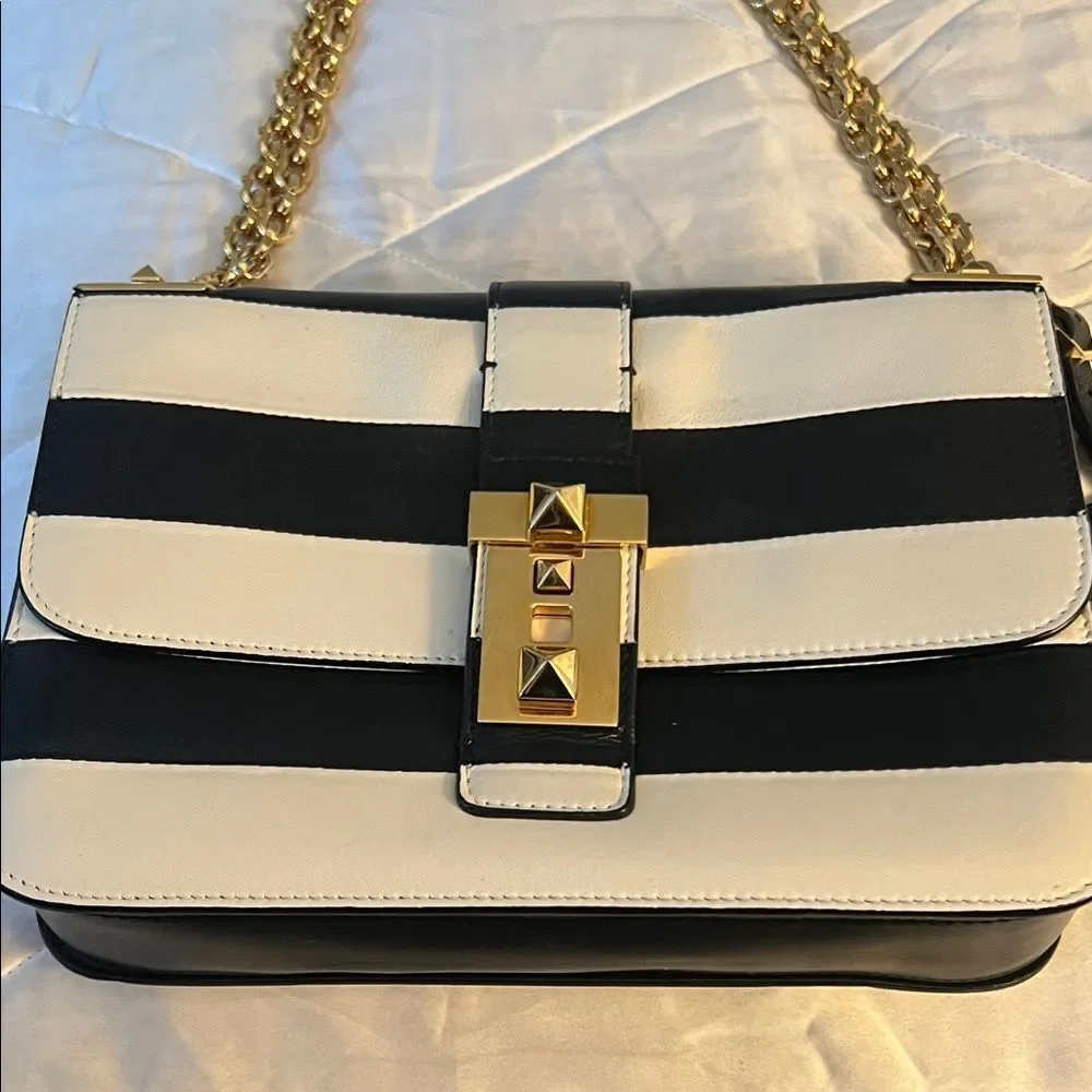Valentino Garavani Napa Striped B-Rockstud Shoulder Bag with Gold Chain Strap